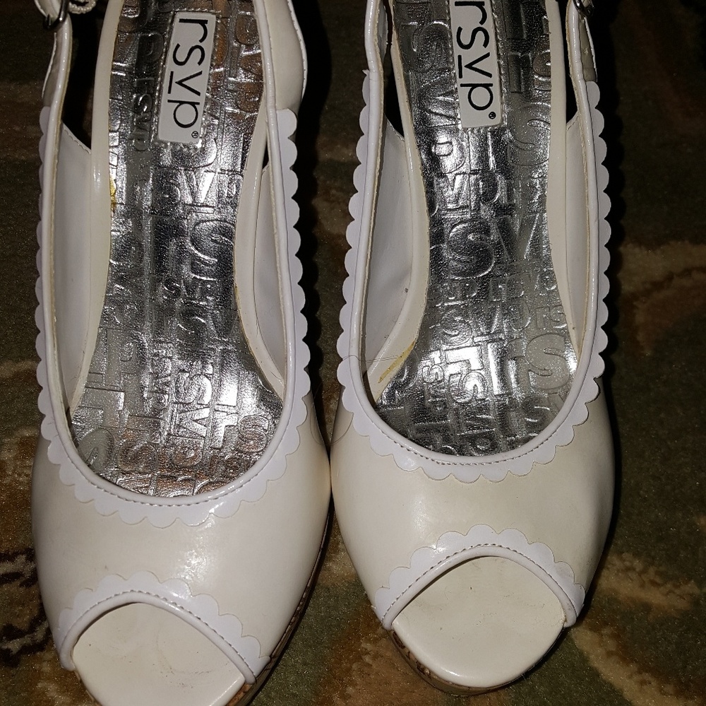 White sling back cork platform shoes
